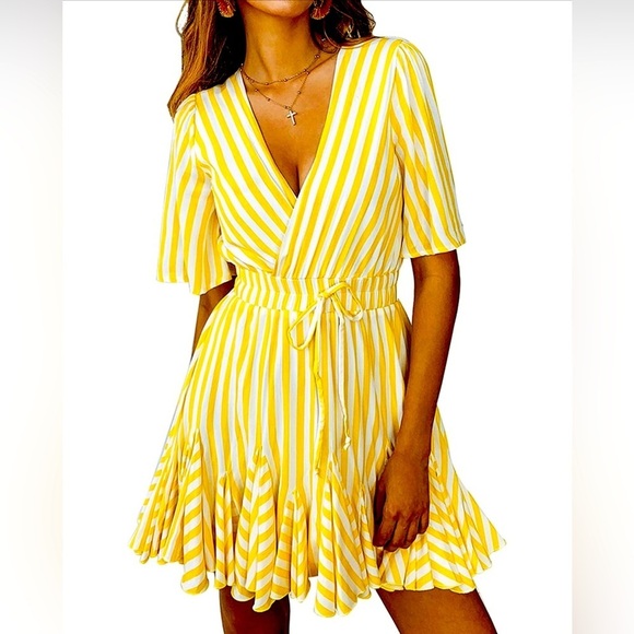 MINI DRESS: Yellow & White V Neck Striped Mini Dress w/Wrap & Ruffle Hem, NWOT - Picture 1 of 16